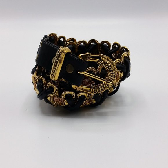 Studded black and gold leather belt